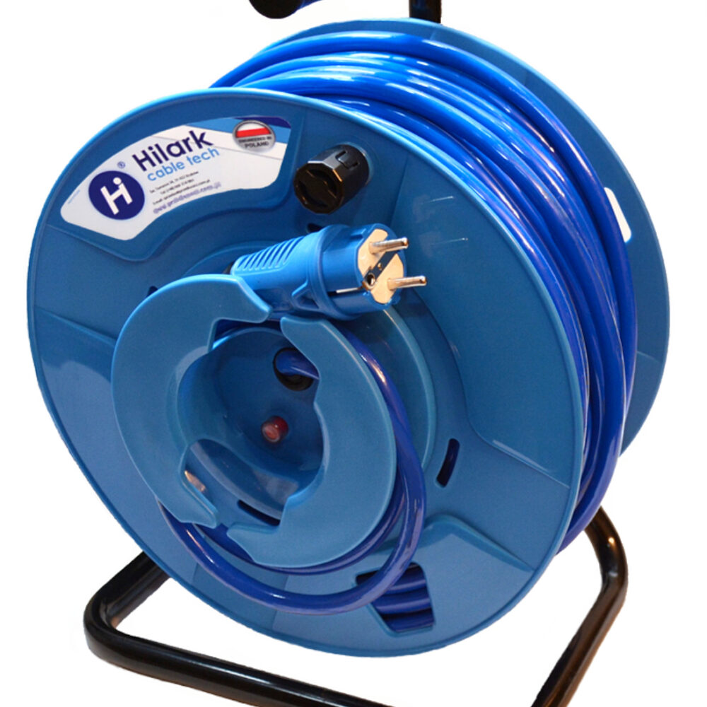 Rallonge bleue en polyuréthane H07BQ-F 3×2,5mm2 sur un tambour inversée fiche bleue et cube UniSchuko 40m