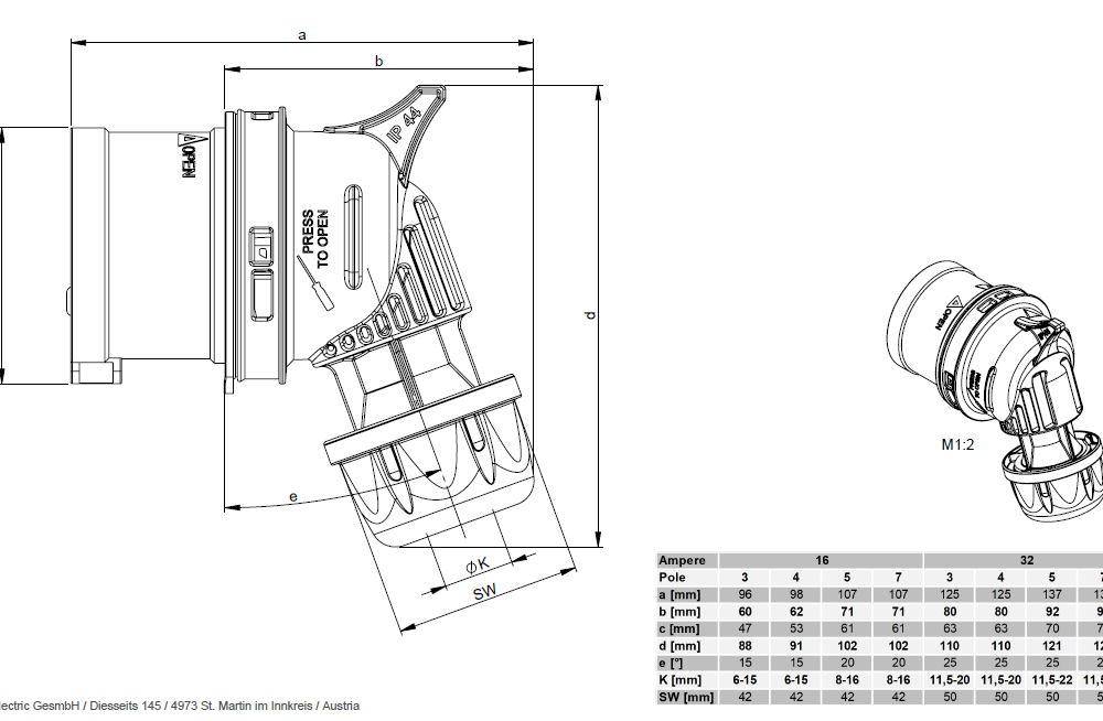 Fiche coudée PCE 16A 5P 400V IP44 8015-6