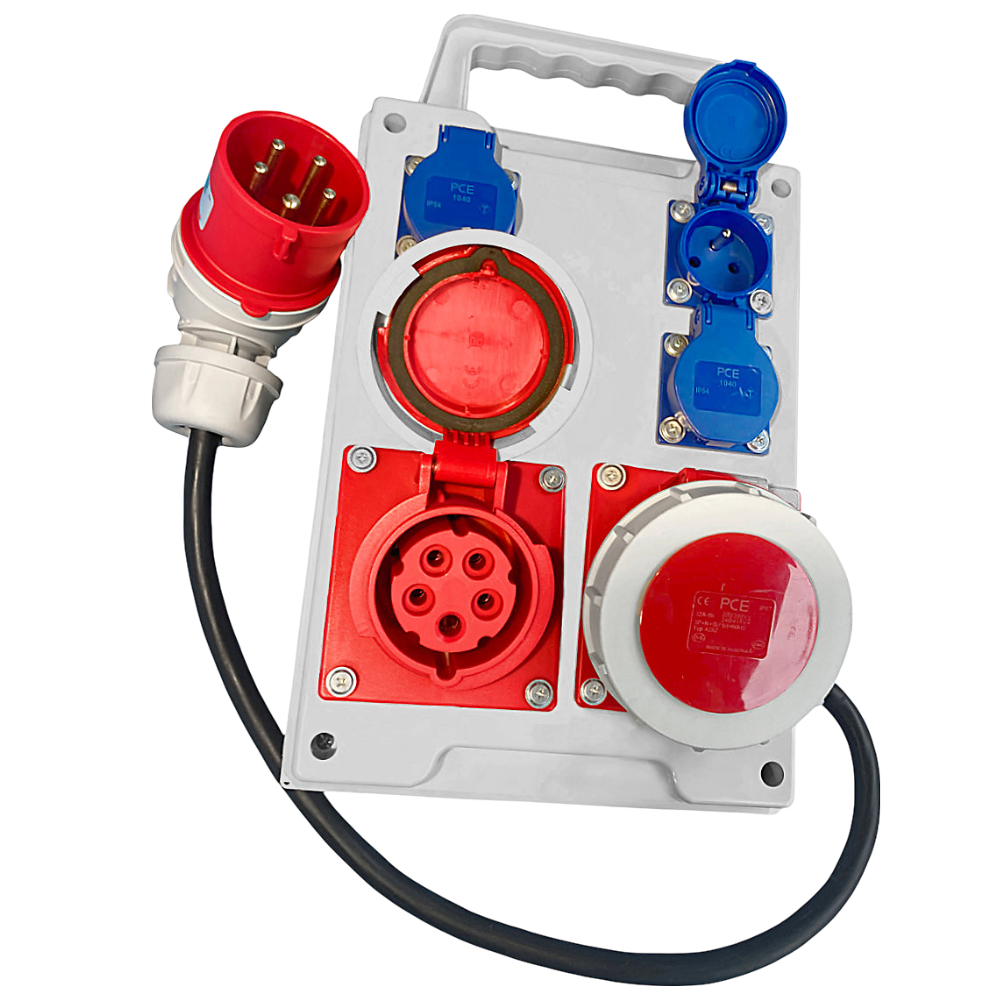 Distributeur électrique de chantier 2x32A IP67 4×230 fiche coudée 0,5 m