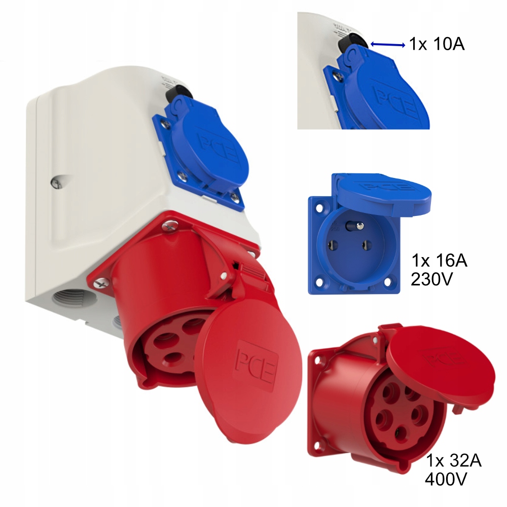 Prise fixe CEE KOMBI avec interrupteur-sectionneur 9225-6 PCE 32A 400V 5 broches 1x230V avec broche de terre