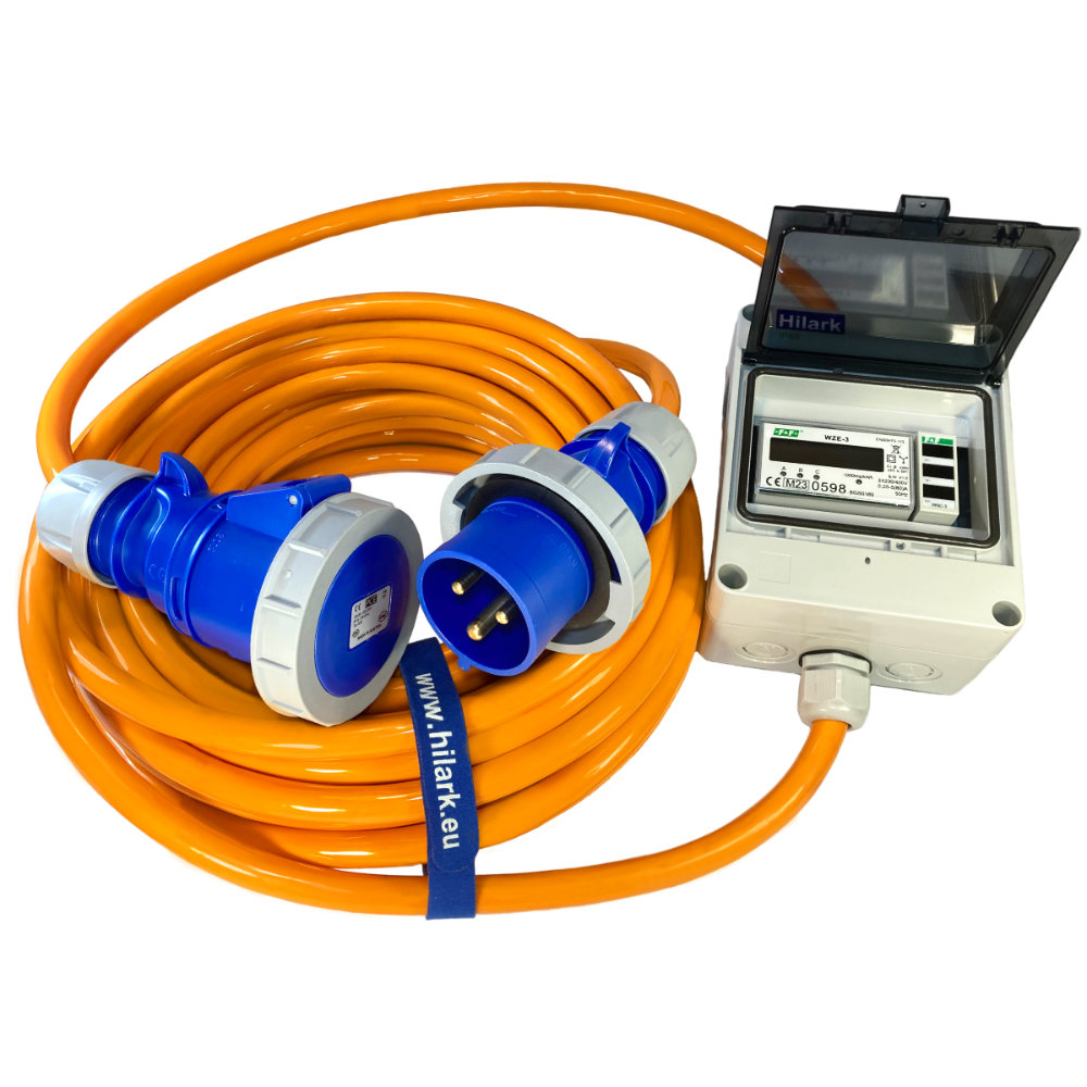 Rallonge triphasée CEE pour camping-car 32A PUR H07BQ-F 5x4mm² IP65 avec compteur d&rsquo;énergie et voltmètre 1m