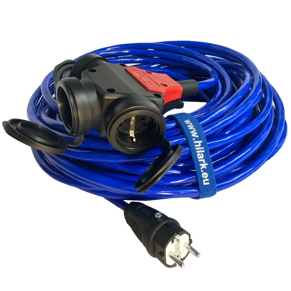 Rallonge H07BQ-F 3x2,5mm² PUR bleue fiche et adaptateur triple Schuko (type F)