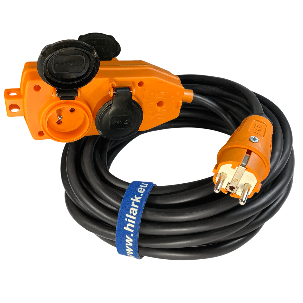 Rallonge en caoutchouc H07RN-F 3×2,5mm² répartiteur orange et fiche 1m