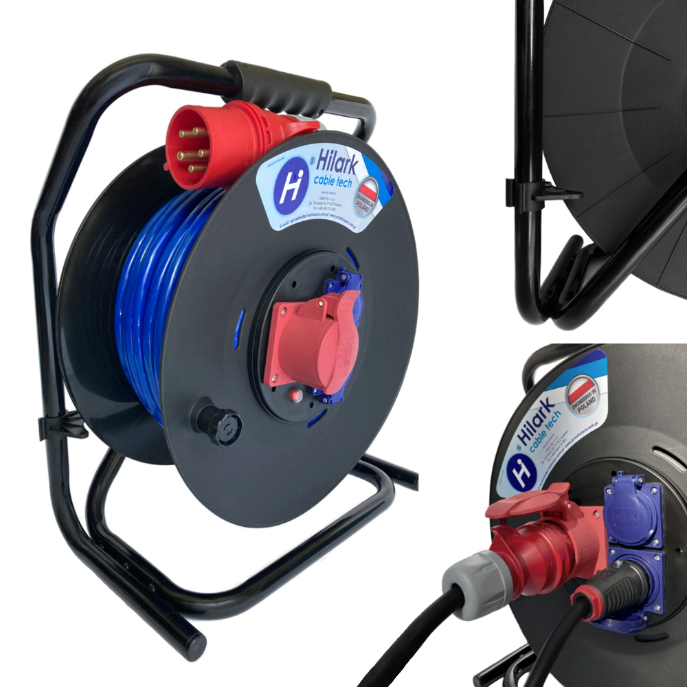 Rallonge triphasée CEE en caoutchouc H07BQ-F 5×2,5 sur enrouleur 1m bleue