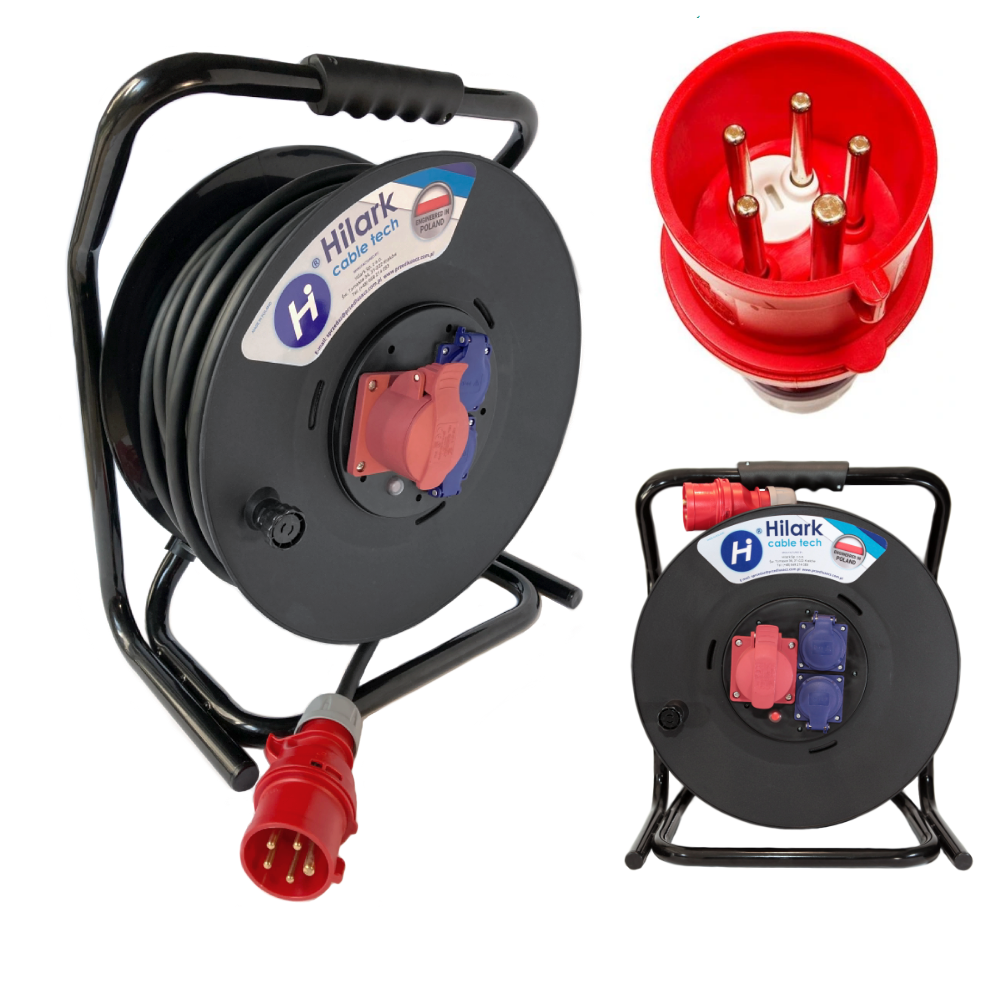 Rallonge triphasée CEE – en caoutchouc H07RN-F 20m 5×2,5 croisement de phases enrouleur