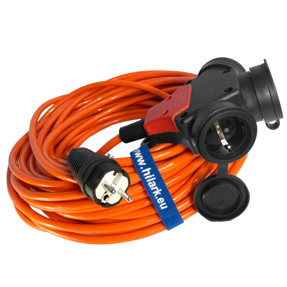 Rallonge H07BQ-F 3x2,5mm² PUR orange fiche et adaptateur triple Schuko (type F)