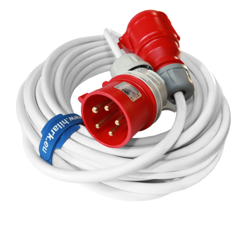 Rallonge triphasée CEE avec fiche coudée BLANC H05VV-F 5×2,5 1m