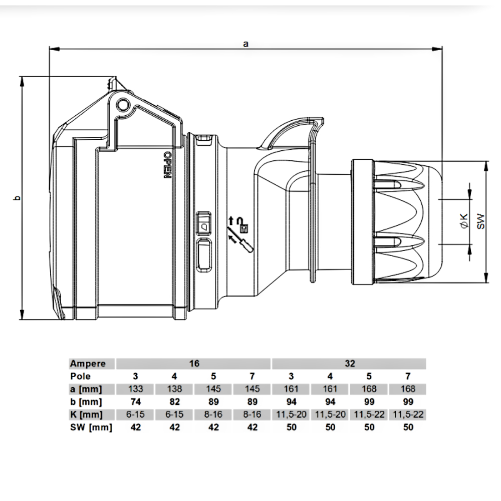 Prise mobile noire PCE 250V 16A IP44 213-6x 3 broches CEE