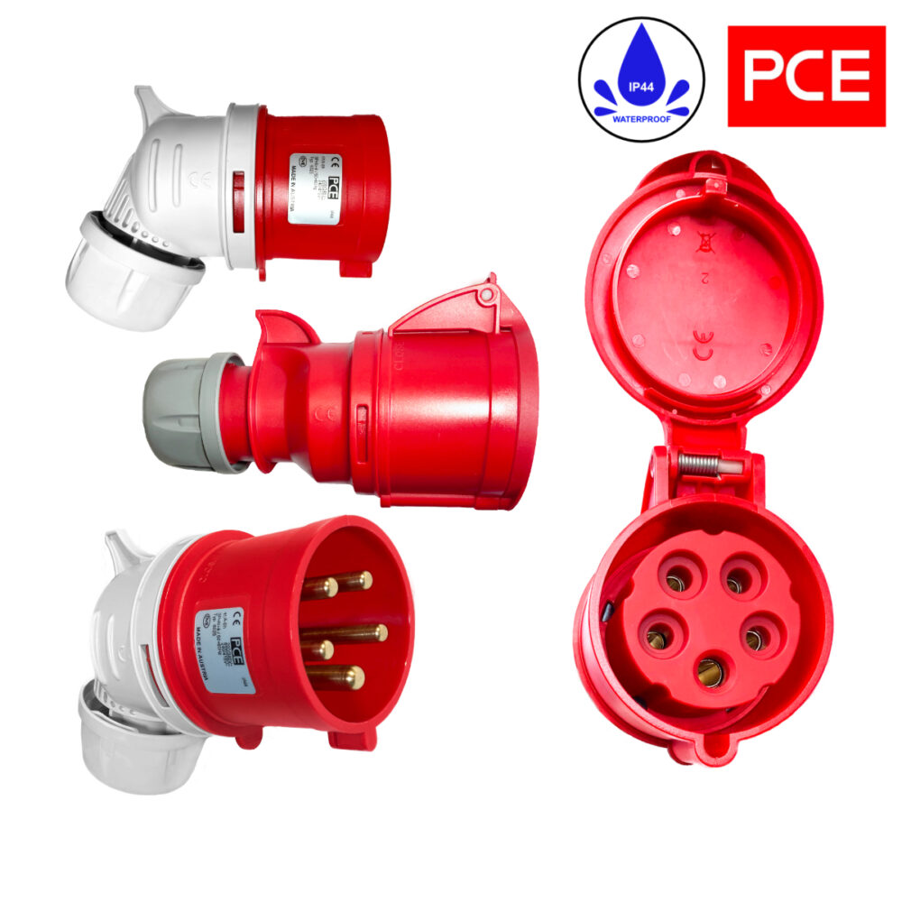 Rallonge triphasée CEE en caoutchouc H07RN-F 5G4 mm² 32A 5 broches Fiche coudée 1m