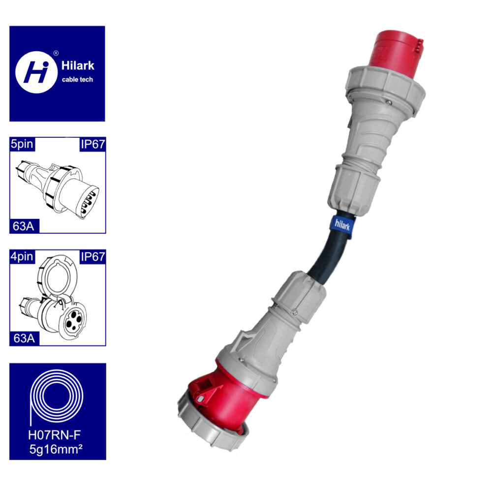 Adaptateur triphasé fiche 63A 5 broches vers prise 63A 4 broches 0,5m