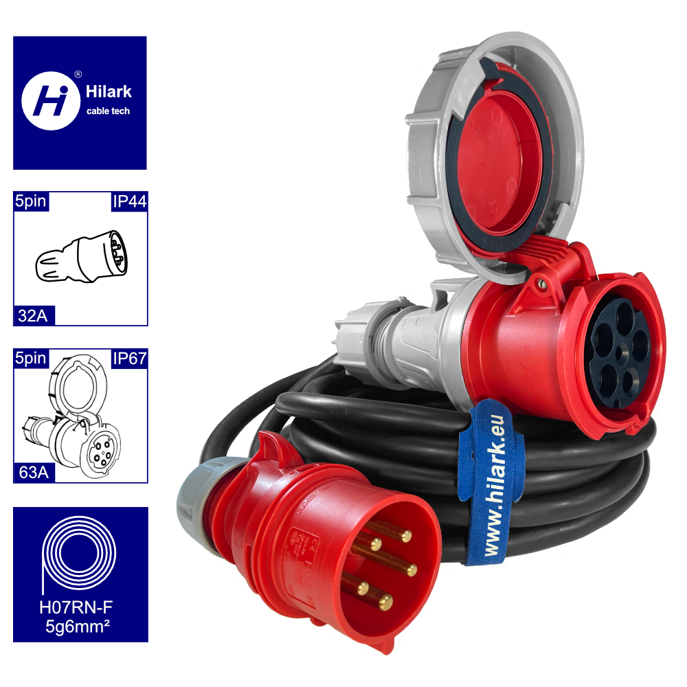 Adaptateur triphasé CEE fiche 32A sur prise 63A 5m