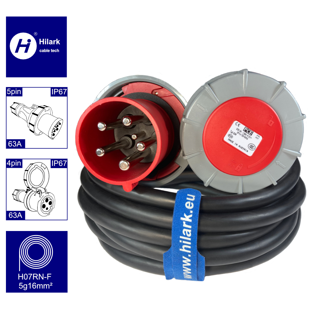 Adaptateur triphasé fiche 63A 5 broches vers prise 63A 4 broches 0,1m