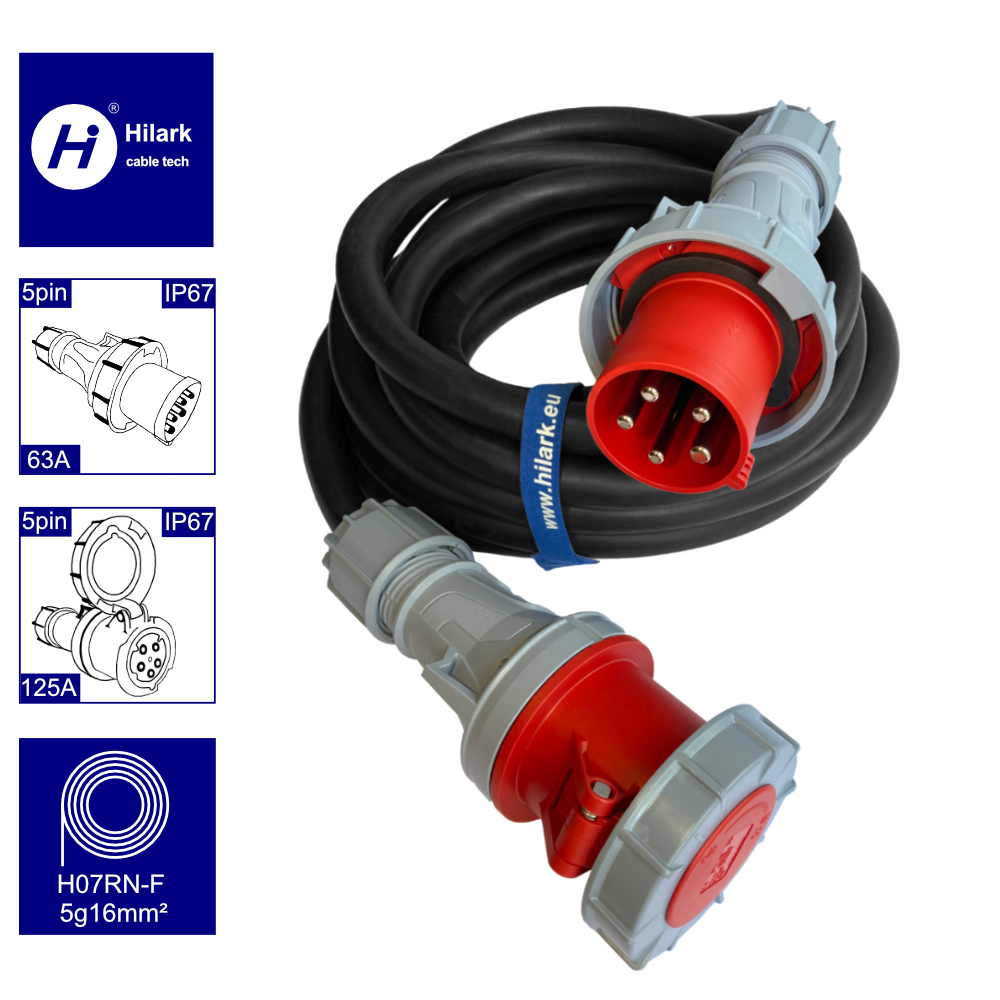 Adaptateur triphasé CEE, fiche 63A vers prise 125A, 1m