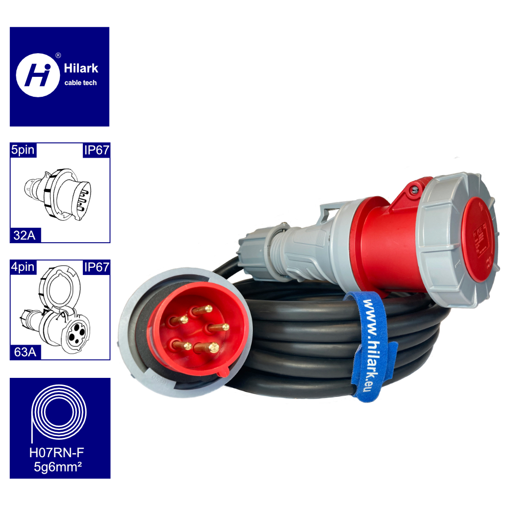 Adaptateur triphasé, fiche 32A 5 broches vers prise 63A 4 broches IP67 0,5m