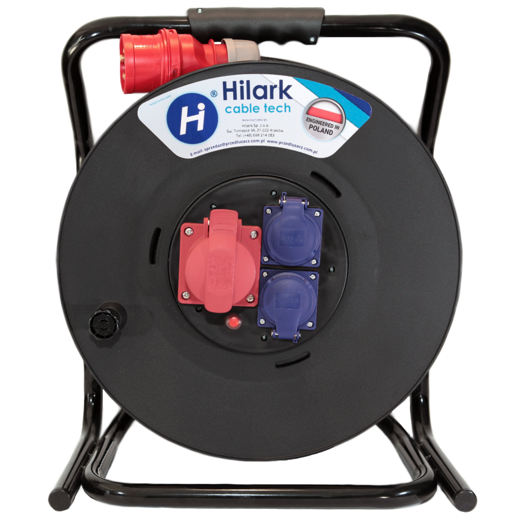 Rallonge triphasée CEE en caoutchouc H07BQ-F 5×2,5 sur enrouleur 1m bleue