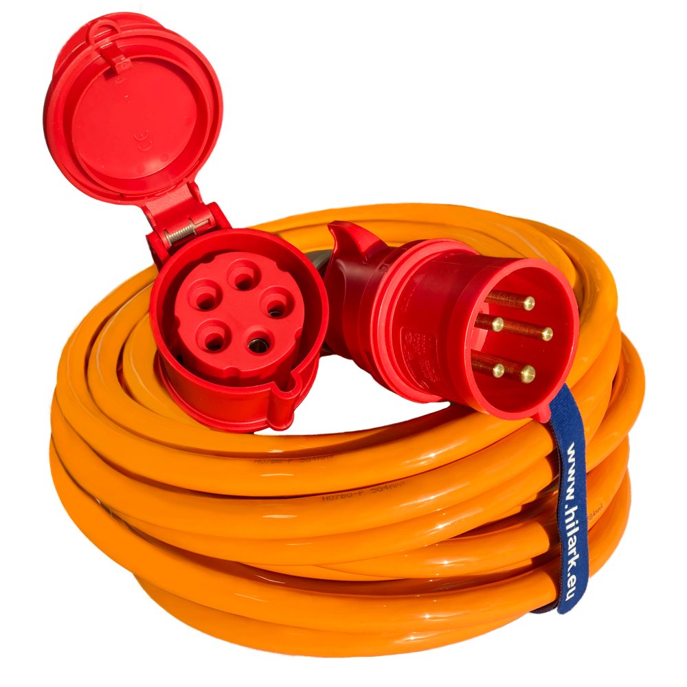 Rallonge triphasée CEE 1m H07BQ-F 5×2,5 mm² 16A 400V IP44/54 Orange haute visibilité