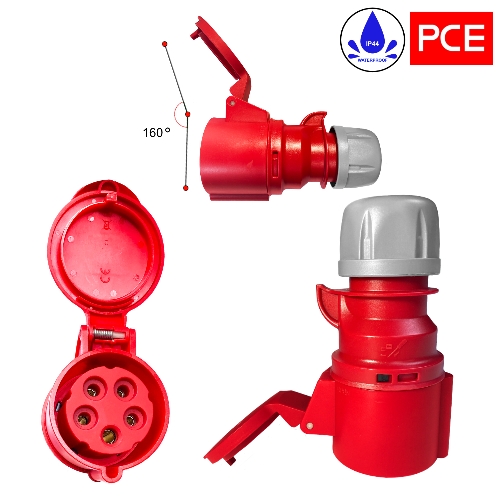 Rallonge triphasée CEE en caoutchouc H07RN-F 5G4 mm² 32A 5 broches Fiche coudée 20m