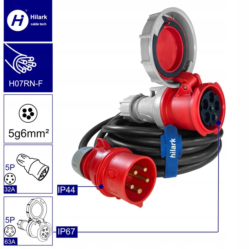 Adaptateur industriel IP67 32A 5 broches vers 63A 5 broches 0,5M