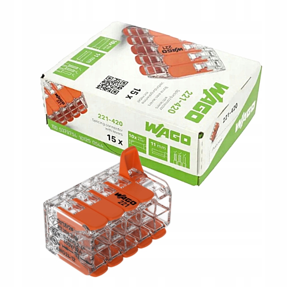 Connecteur rapide WAGO 221-420 10×0,2-4mm² fil et câble souple à levier – lot de 15 pièces