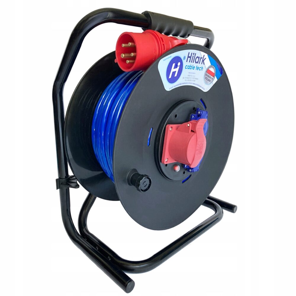 Rallonge triphasée CEE en caoutchouc H07BQ-F 5×2,5 sur enrouleur 2m bleue