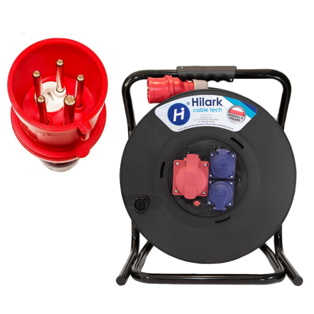 Rallonges triphasées CEE sur enrouleur 16A H07RN-F 5x2,5 croisement de phases
