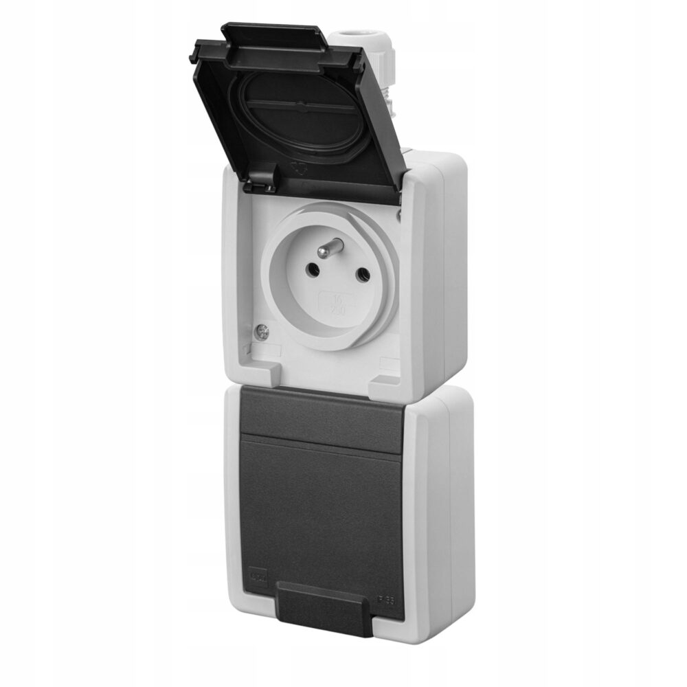 AQUANT 2K prise murale double avec terre 2x2P+Z vertical IP65 gris