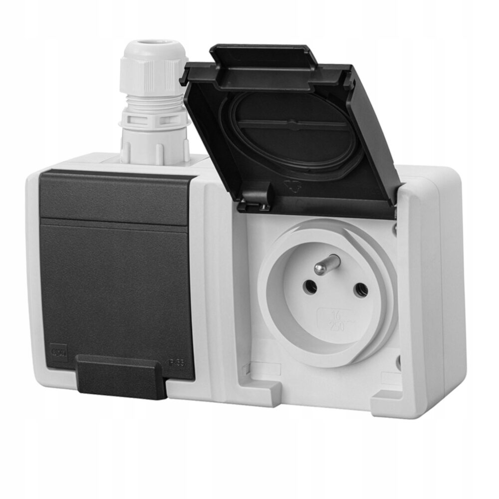 AQUANT 2K prise murale double avec terre 2x2P+Z IP65 gris