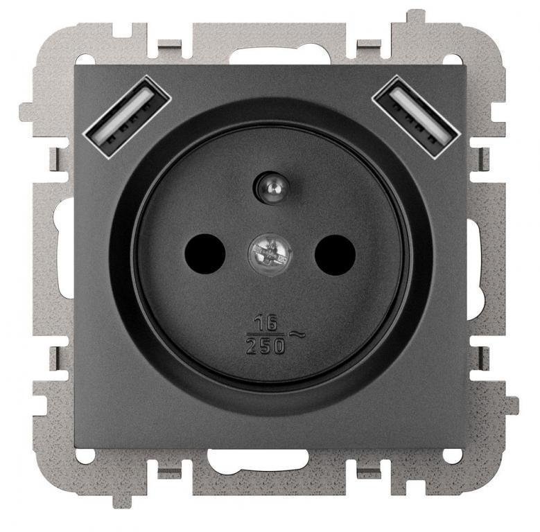 Prise SANTRA 2P+T 2xUSB d&rsquo;alimentation sans cadre noir encastrée 4188-19